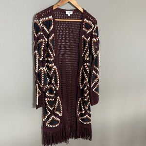 Umgee Burgundy and Cream Geometric Cardigan